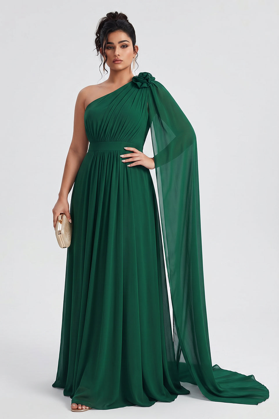 Curveins Plus Size One Shoulder Ruffle Strap Ruched Waist Flowy Elegant Maxi Dress