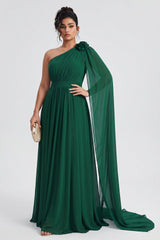 Curveins Plus Size One Shoulder Ruffle Strap Ruched Waist Flowy Elegant Maxi Dress