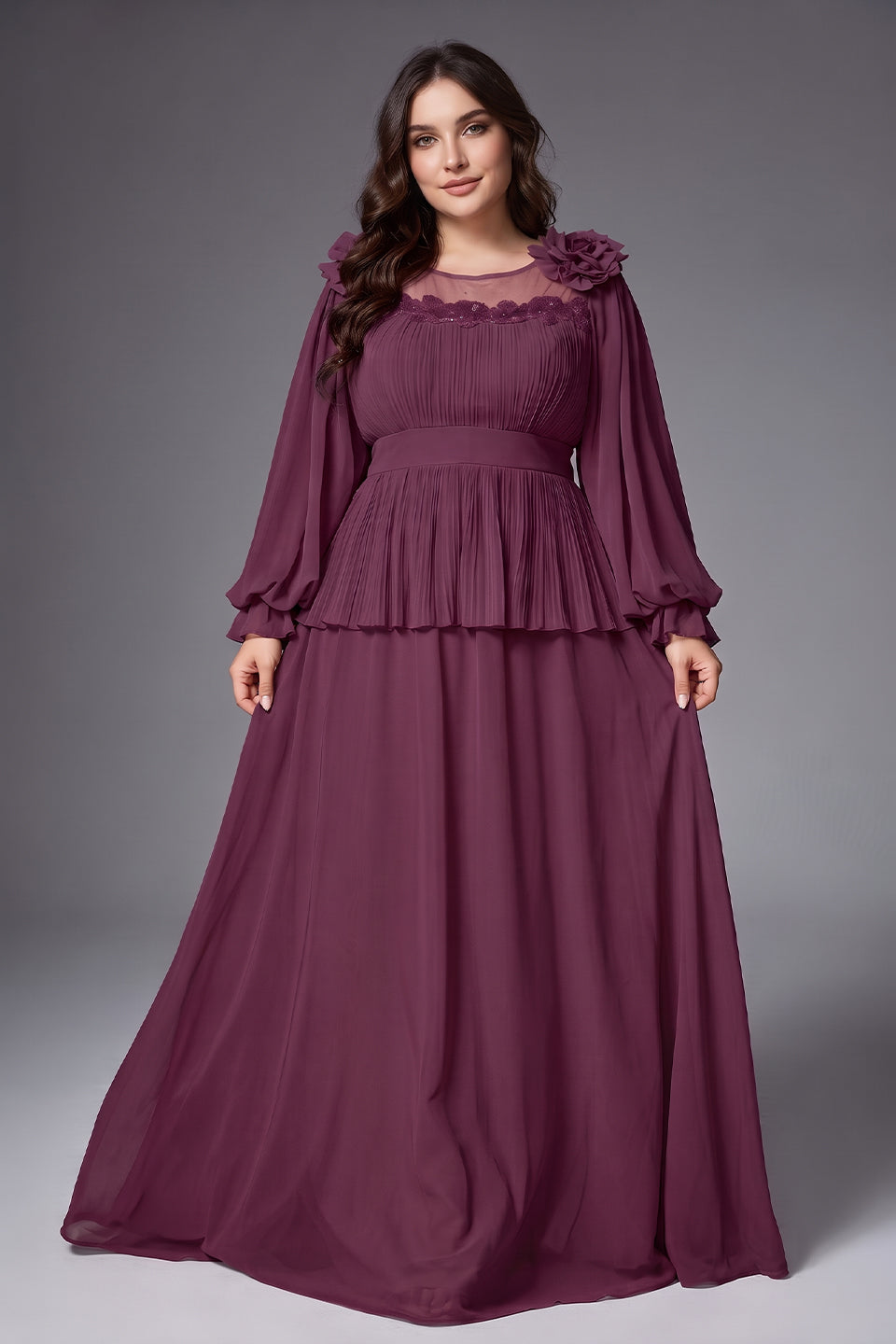 Curveins Plus Size Crew Neck Puff Sleeve Faux Two Piece Panelled Maxi Dress