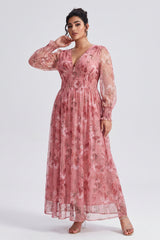 Curveins Plus Size V Neck Long Sleeve Floral Cinched Waist Maxi Dress
