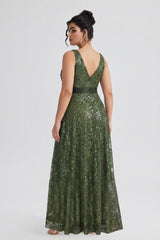 Curveins Plus Size Sleeveless Sequin Ruched Waist Elegant Sparkly Evening Maxi Dress