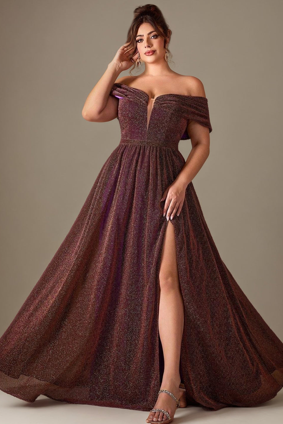 Curveins Plus Size Off-Shoulder Sequin Slit Evening Gown