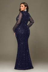 Curveins Plus Size Elegant Round Neck Sheer Sleeves Sequin-Hugging Long Dress