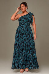 Curveins Plus Size Elegant Striped One Shoulder Cinched Waist Flowy Maxi Dress