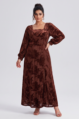 Curveins Plus Size Elegant Square Neck Long Sleeve Floral Print Velvet Split Maxi Dress
