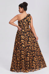 Curveins Plus Size One Shoulder Striped Cinched Waist Flowy Maxi Dress