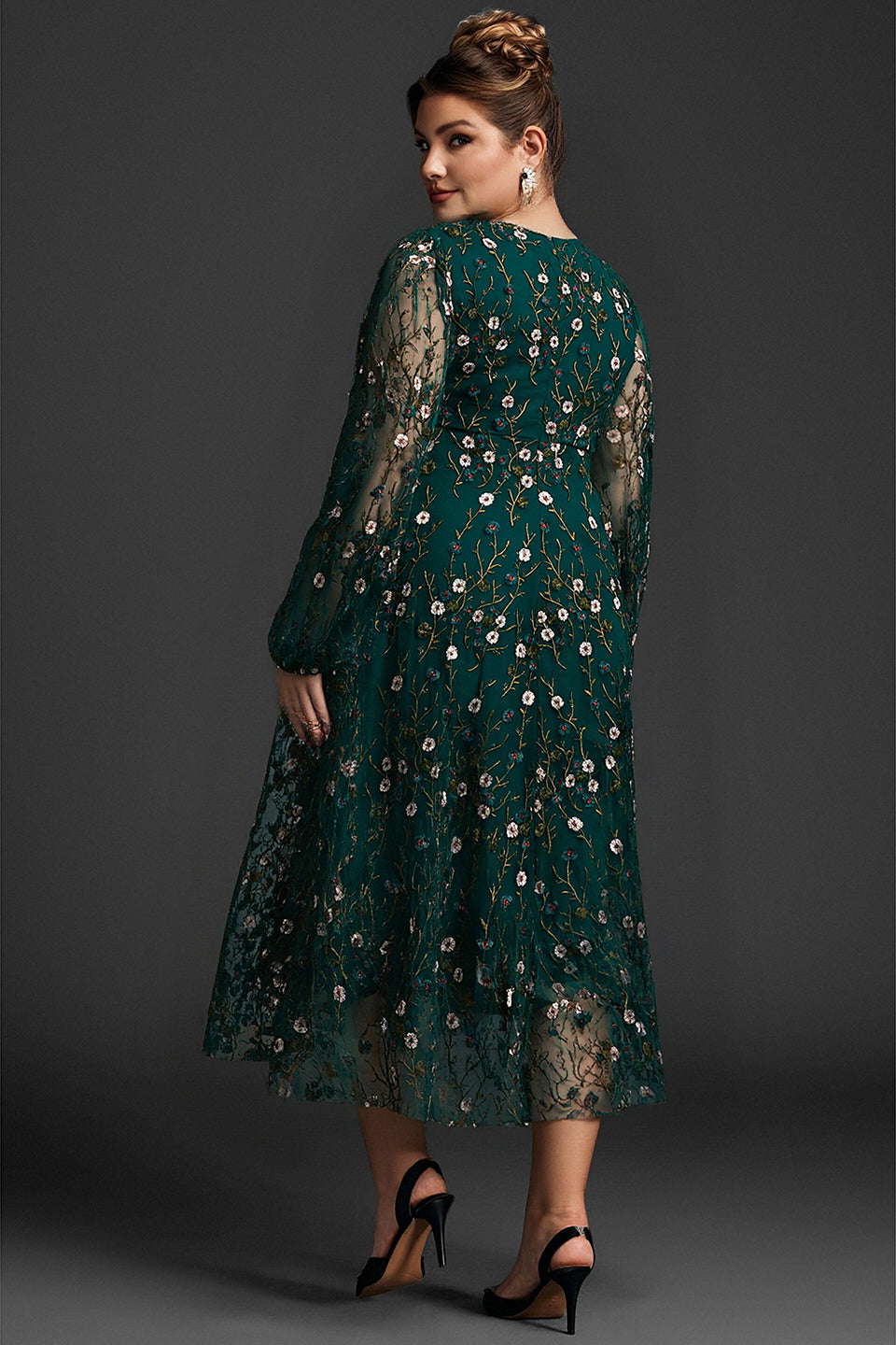 Curveins Plus Size V-Neck Ruffle Sleeve Embroidered Maxi Dress