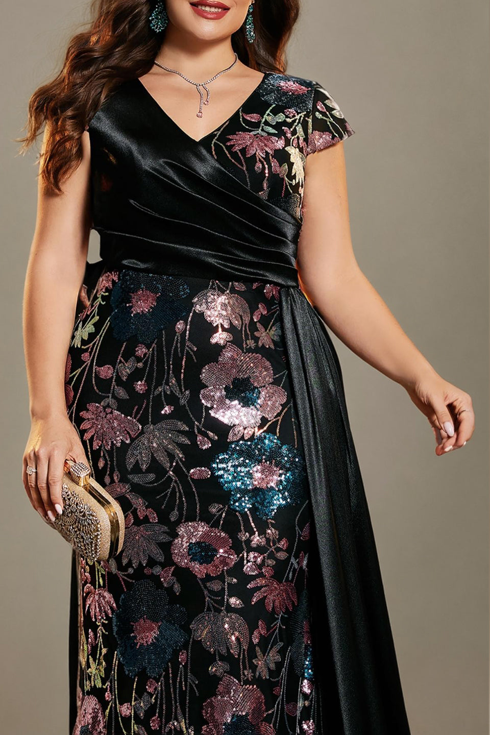 Curveins Plus Size Sparkling Sequin V-Neck Curve-Hugging Maxi Dress