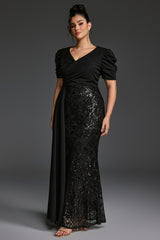 Curveins Plus Size V-Neck Sequin Patchwork Pattern Maxi Dress
