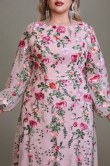 Curveins Plus Size Elegant Round Neck Long Sleeve Mesh Embroidery Maxi Dress