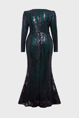 Curveins Elegant Plus Size V-Neck Floral Long Sleeve Sequin Bodycon Dress