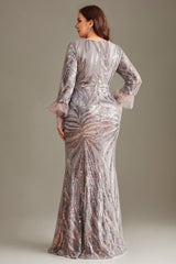 Curveins Plus Size Round Neck Long Sleeve Sequin Stripe Maxi Dress
