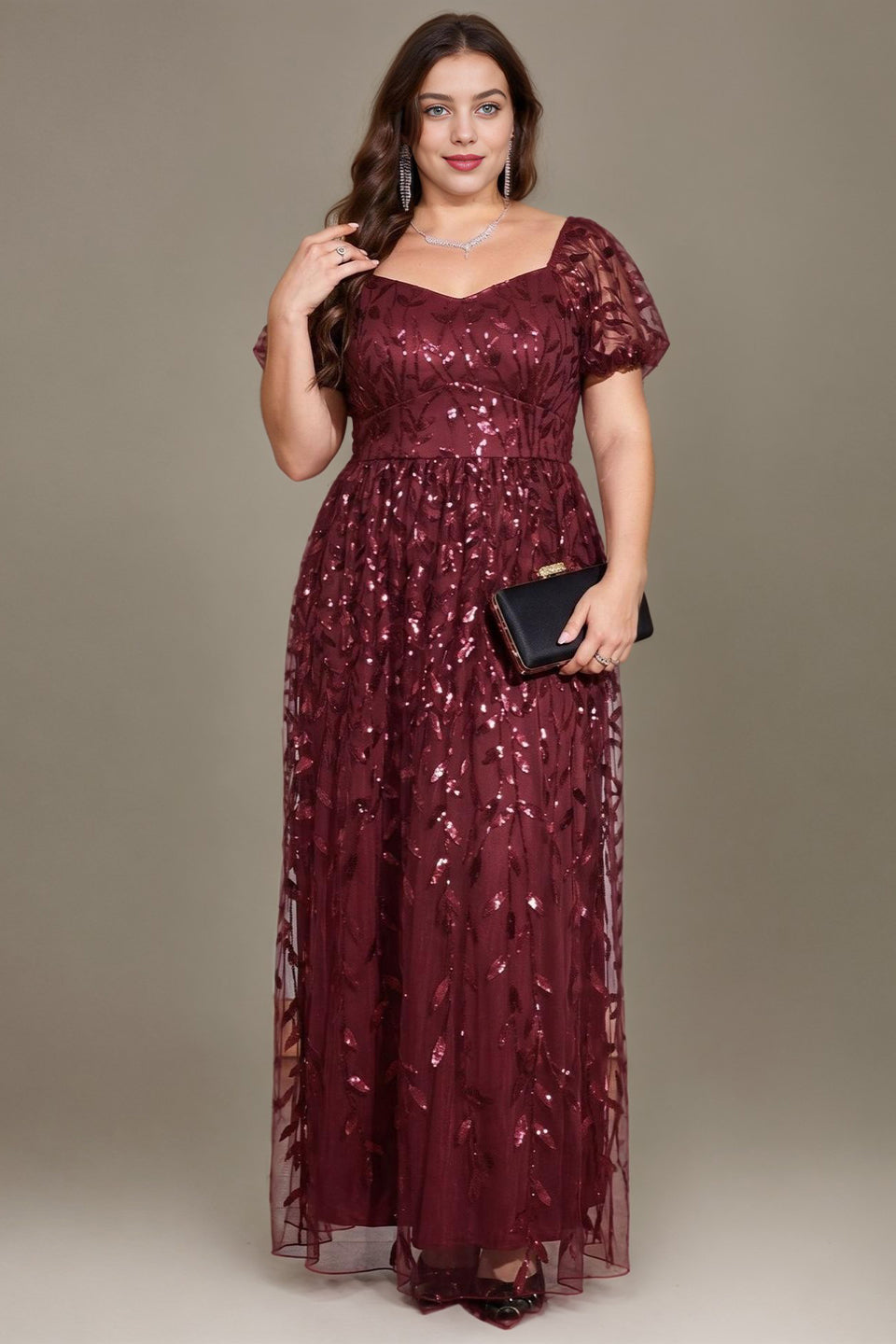 Curveins Plus Size Short Sleeve Embroidered Sequin Puff Sleeve Elegant Maxi Dress