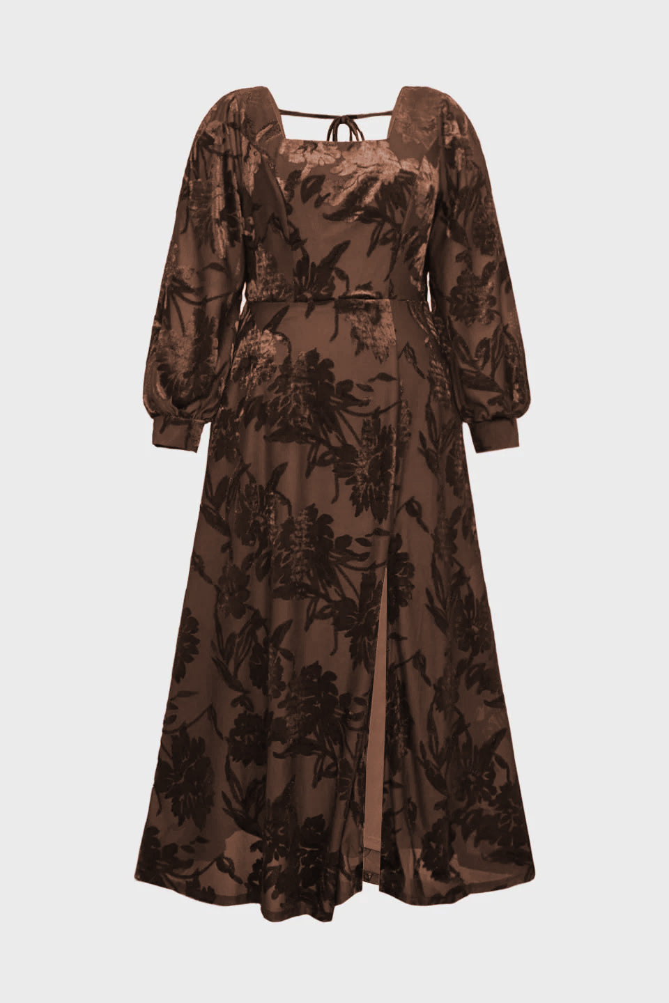 Curveins Plus Size Elegant Square Neck Long Sleeve Floral Print Velvet Split Maxi Dress