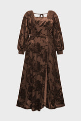 Curveins Plus Size Elegant Square Neck Long Sleeve Floral Print Velvet Split Maxi Dress
