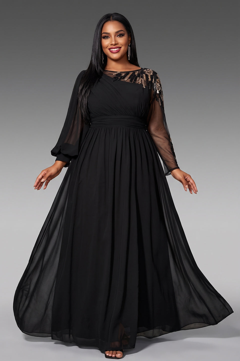 Curveins Plus Size Crew Neck Long Sleeve Side Slit Elegant Maxi Dress