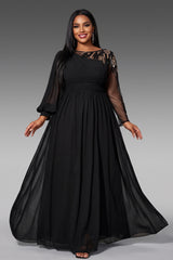 Curveins Plus Size Crew Neck Long Sleeve Side Slit Elegant Maxi Dress