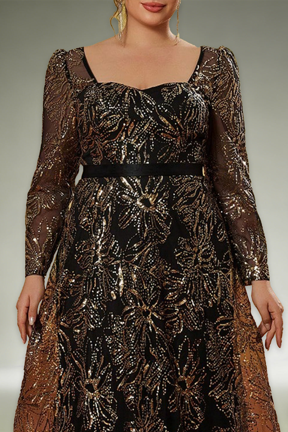 Curveins Plus Size Square Neck Long Sleeve Waist-Defined Sequin Pattern Dress