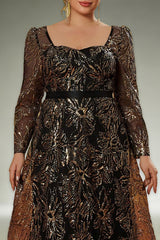 Curveins Plus Size Square Neck Long Sleeve Waist-Defined Sequin Pattern Dress