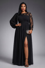 Curveins Plus Size Crew Neck Long Sleeve Side Slit Elegant Maxi Dress