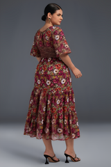 Curveins Plus Size V-Neck Flower Print Pleated Maxi Dress