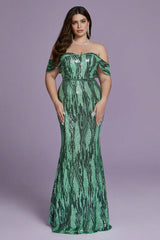 Curveins Plus Size Off-Shoulder Bodycon Sequin Maxi Dress with Textured Detailing