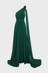 Curveins Plus Size One Shoulder Ruffle Strap Ruched Waist Flowy Elegant Maxi Dress