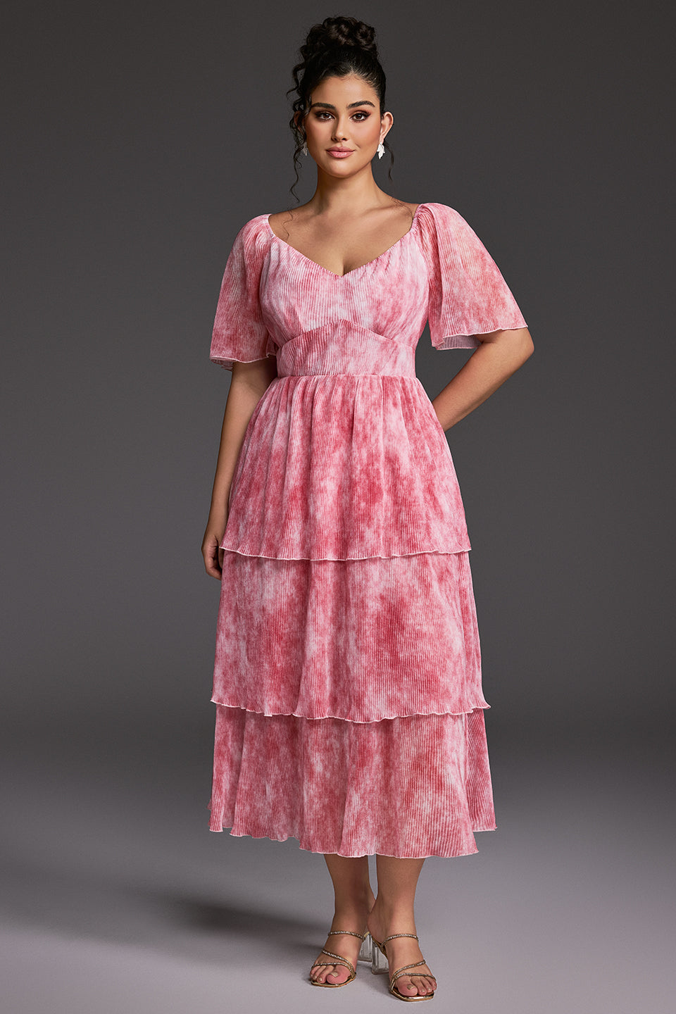 Curveins Plus Size V-Neck Ruffle Hem Tiered Maxi Dress