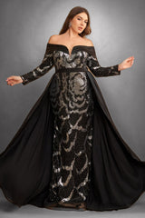 Curveins Plus Size Sparkling Sequin Off Shoulder Long Sleeve Elegant Party Maxi Dress