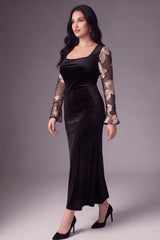 Curveins Plus Size Square Neck Metallic Velvet Mermaid Hem Glamorous Maxi Dress