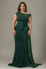 Curveins Plus Size One Shoulder Sleeveless Embroidered Sequin Patchwork Bodycon Maxi Dress