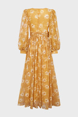 Curveins Plus Size V Neck Puff Sleeve Floral Print Ruched Waist Feminine Maxi Dress