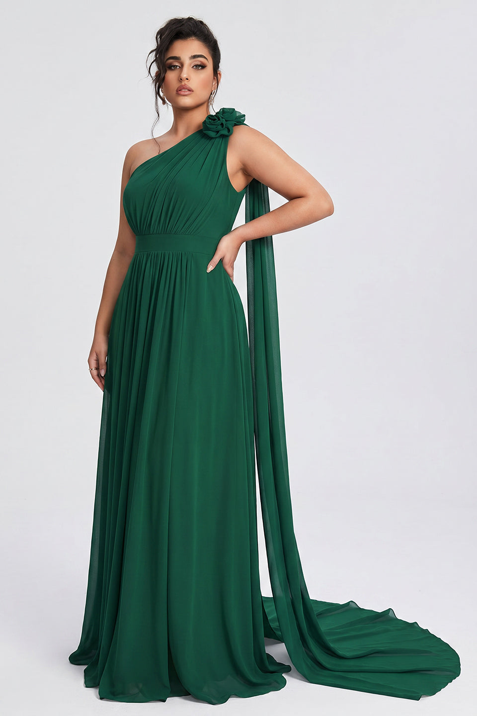 Curveins Plus Size One Shoulder Ruffle Strap Ruched Waist Flowy Elegant Maxi Dress