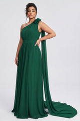 Curveins Plus Size One Shoulder Ruffle Strap Ruched Waist Flowy Elegant Maxi Dress