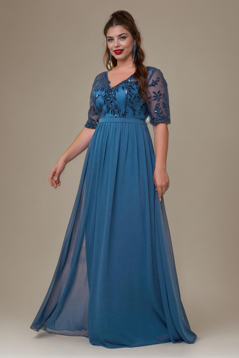 Curveins Plus Size V-Neck Sequin Floral Patchwork Maxi Dress