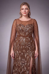 Curveins Plus Size Elegant Round Neck Sequin Floral Pattern Long Sleeve Split Maxi Dress