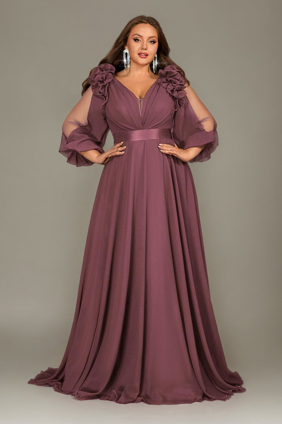 Curveins Plus Size Elegant V-Neck Batwing Sleeve Waist-Hugging Long Dress