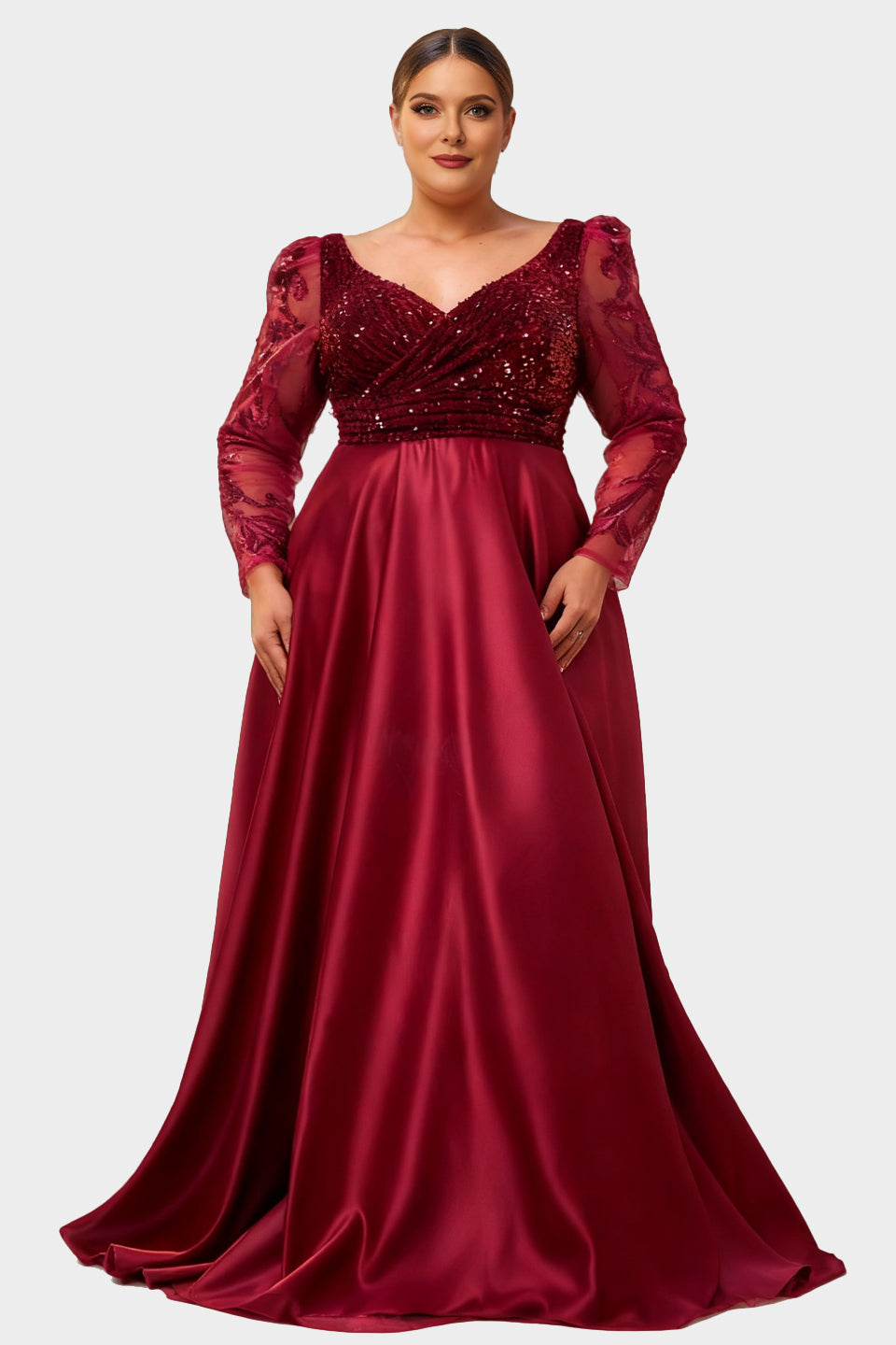 Curveins Plus Size V-Neck Long Sleeve Patterned Sequin Panel Maxi Dress