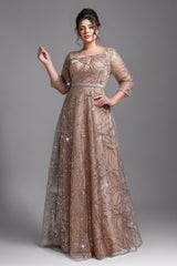 Curveins Plus Size Elegant Round Neck Sequin Floral Waist-Fit Maxi Dress