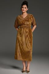 Curveins Plus Size Striped V-Neck Belted Waist Velvet Maxi Dress