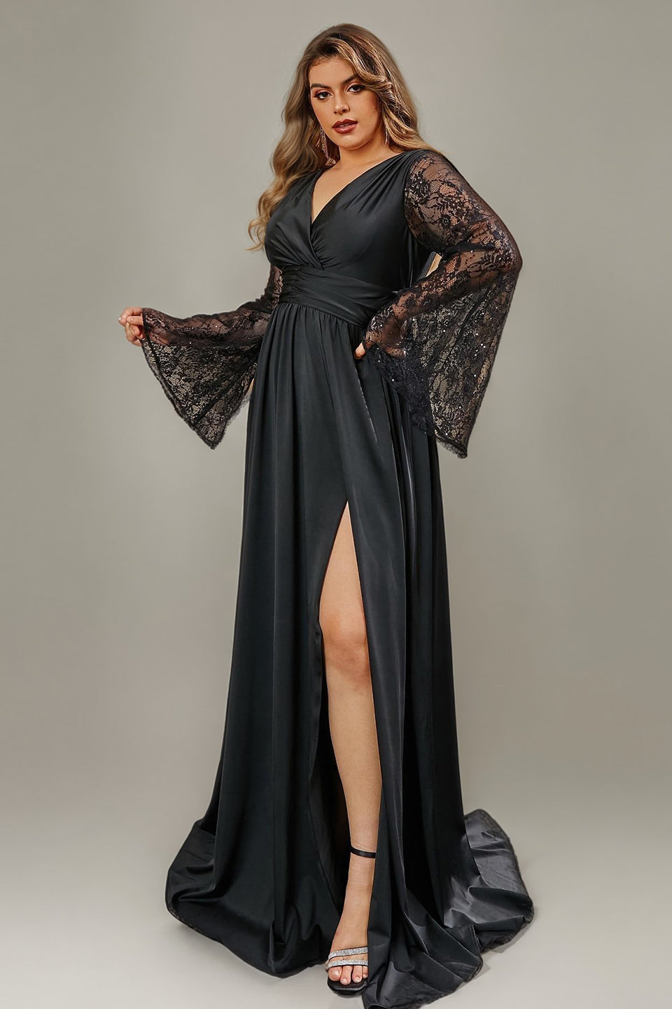 Curveins Plus Size Romantic Lace V Neck Flared Sleeve Slim Waist Split Hem Maxi Dress