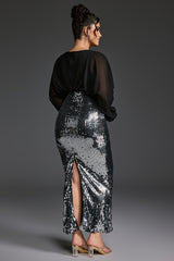 Curveins Plus Size V-Neck Puff Sleeve Patchwork Sequin Bodycon Maxi Dress