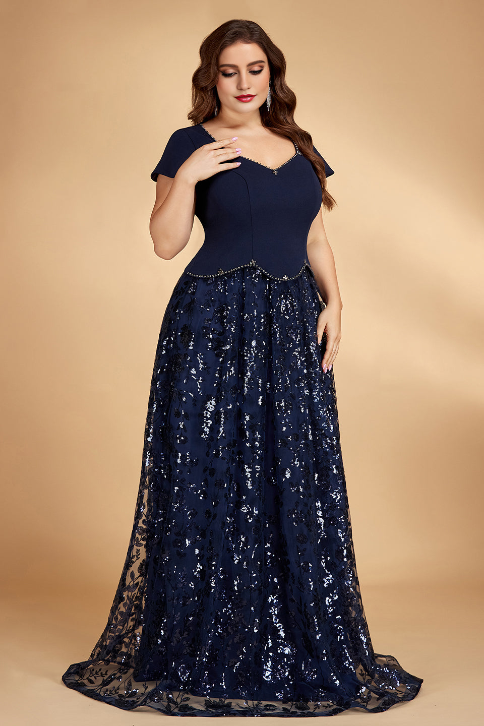 Curveins Plus Size V Neck Short Sleeve Sequin Patchwork Cinched Waist Floral Maxi Dress