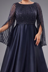 Curveins Plus Size Crew Neck Long Sleeve Sequin Panelled Elegant Evening Maxi Dress