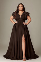 Curveins Plus Size V-Neck Ruffle Sleeve Split A-Line Maxi Dress
