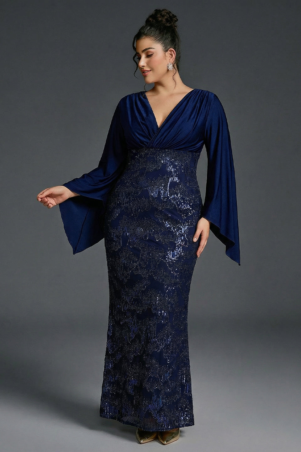 Curveins Plus Size V-Neck Open Sleeve Sequin Panel Bodycon Maxi Dress