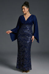 Curveins Plus Size V-Neck Open Sleeve Sequin Panel Bodycon Maxi Dress