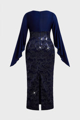 Curveins Plus Size V-Neck Open Sleeve Sequin Panel Bodycon Maxi Dress