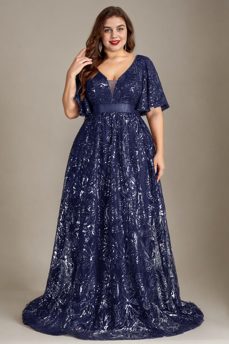 Curveins Plus Size Sparkly Floral V Neck Batwing Sleeve Gathered Waist Flowy Maxi Dress