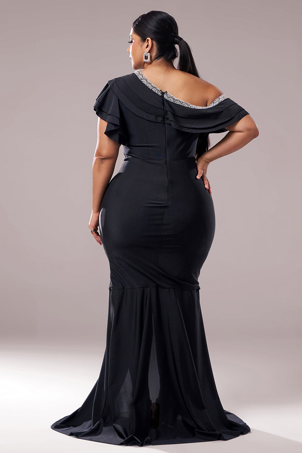 Curveins Plus Size Asymmetric Shoulder Slim-Fit Front Slit Long Dress